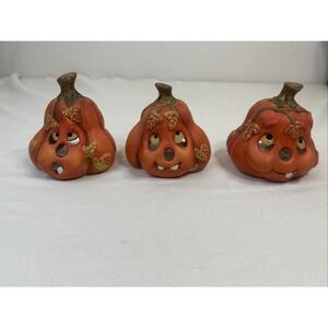 3 Spooky Porcelain Pumpkin Jack O Lantern Tealight Candle Holder 1998 Cute Faces